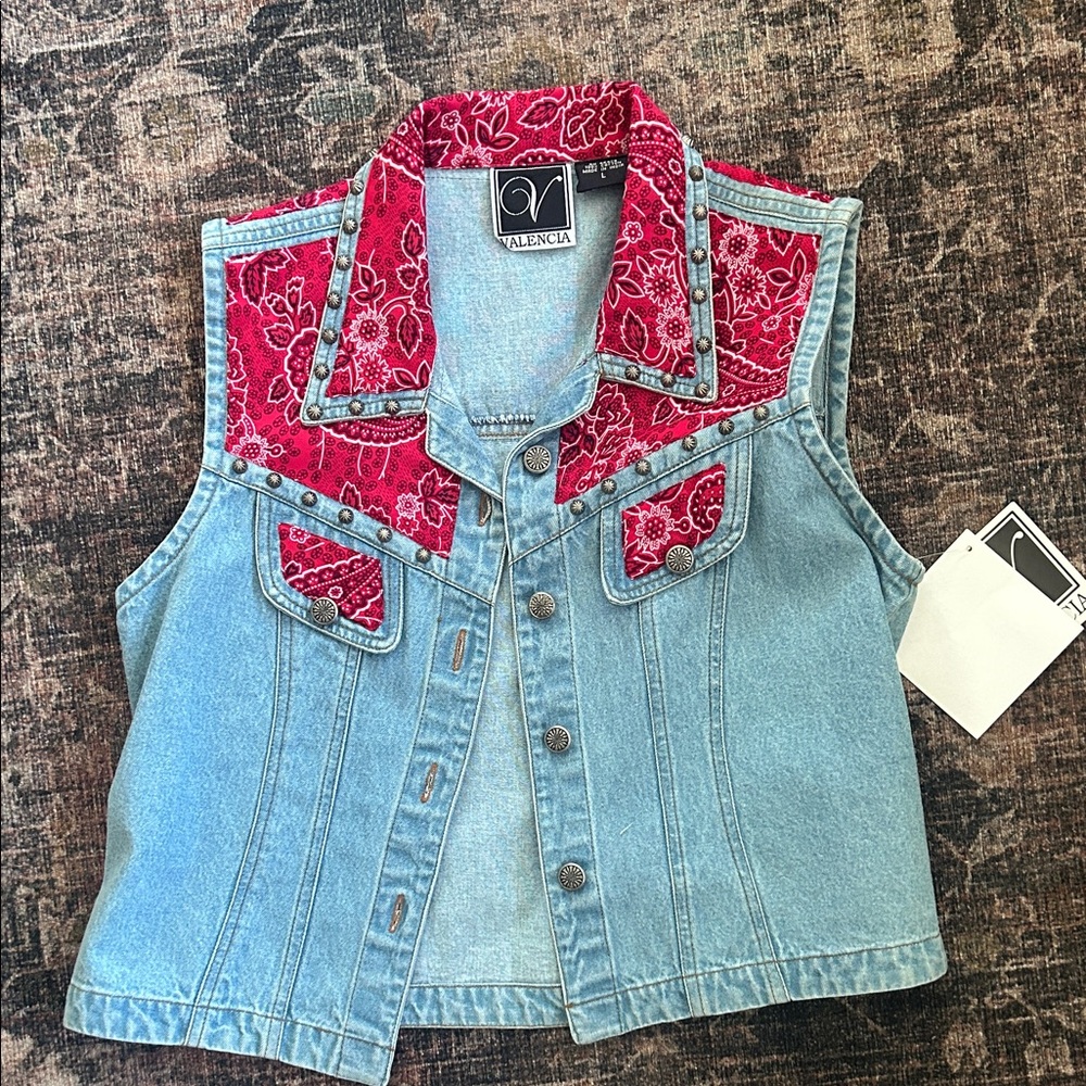 Women’s Light Wash Denim Vest with Red Bandana Accents